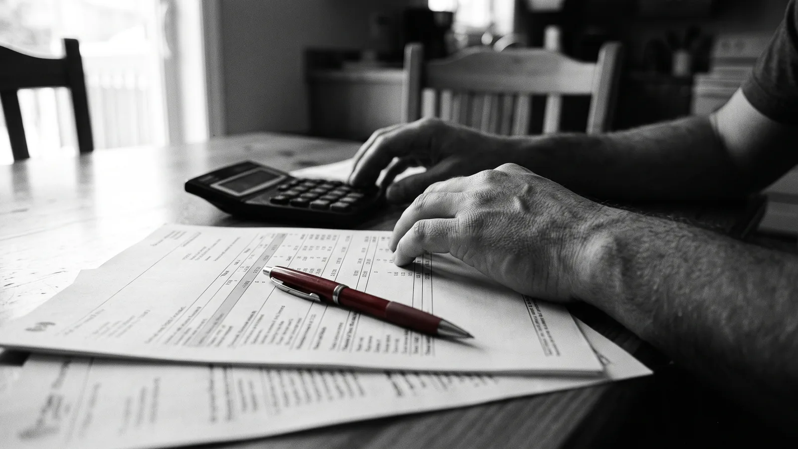 Mains calculant le cout d'une amende de renoviction sur des documents financiers