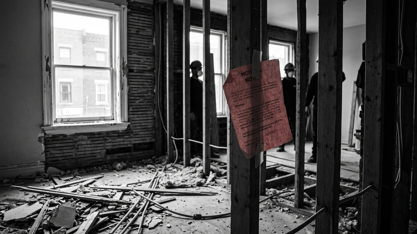 Logement eventre avec debris et avis affiche, image d'une renoviction illegale