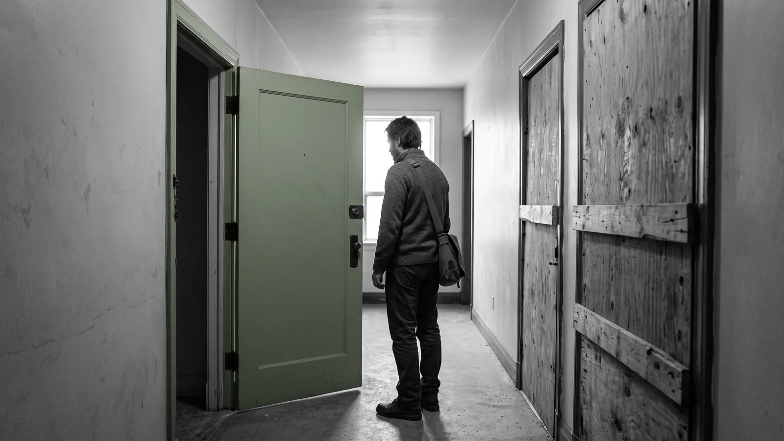 Deux portes d'appartement, l'une en chantier, le choix entre cash for keys et rénoviction.