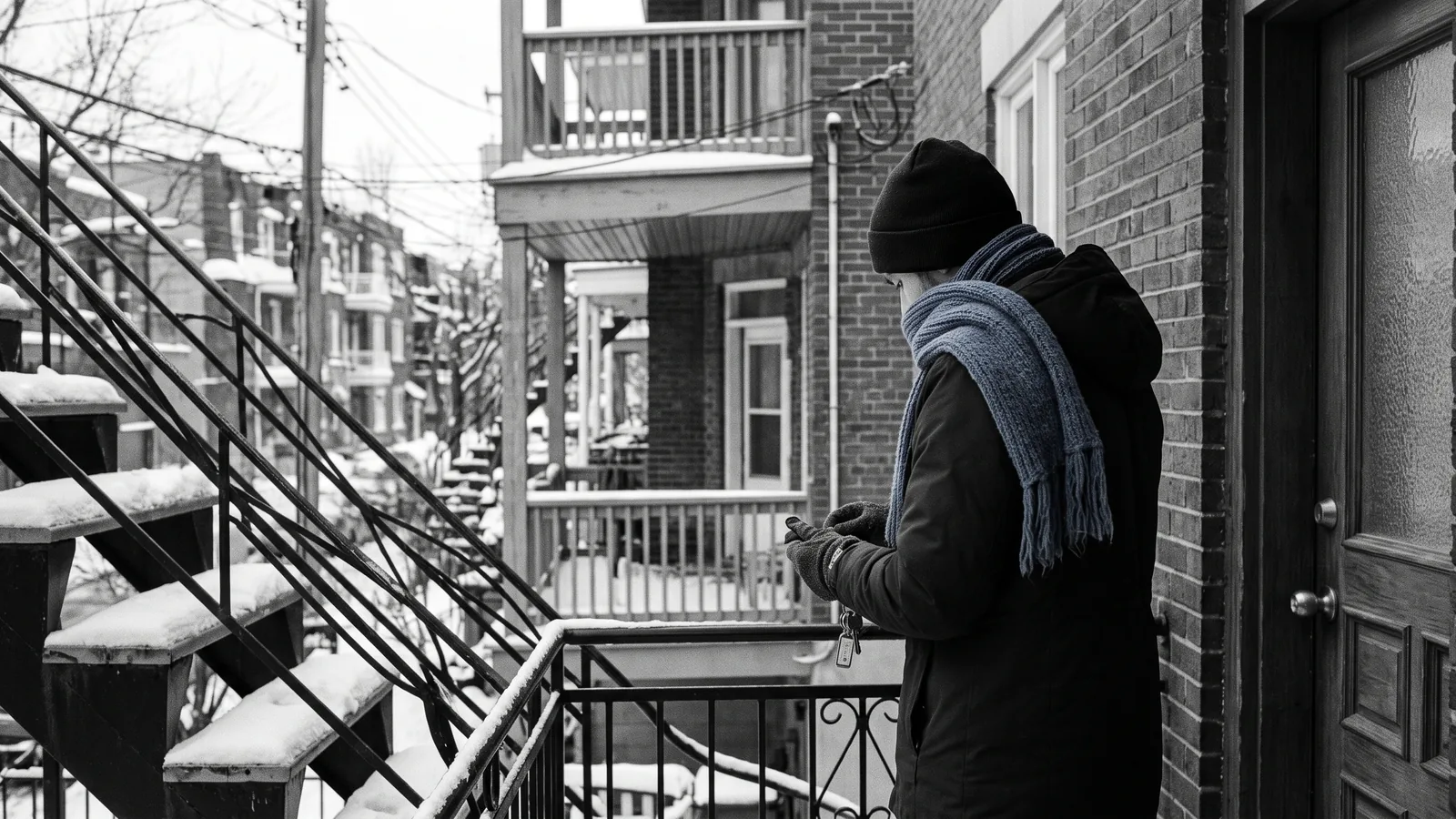Locataire verrouille dehors sur un escalier enneige apres un changement de serrure