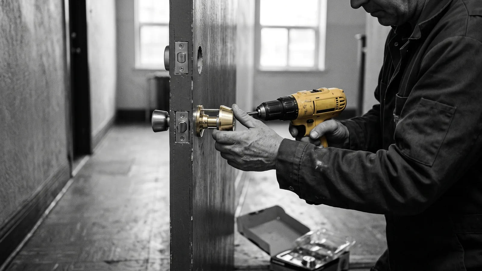 Mains posant une nouvelle serrure sur une porte, changer la serrure d'un locataire est illégal.