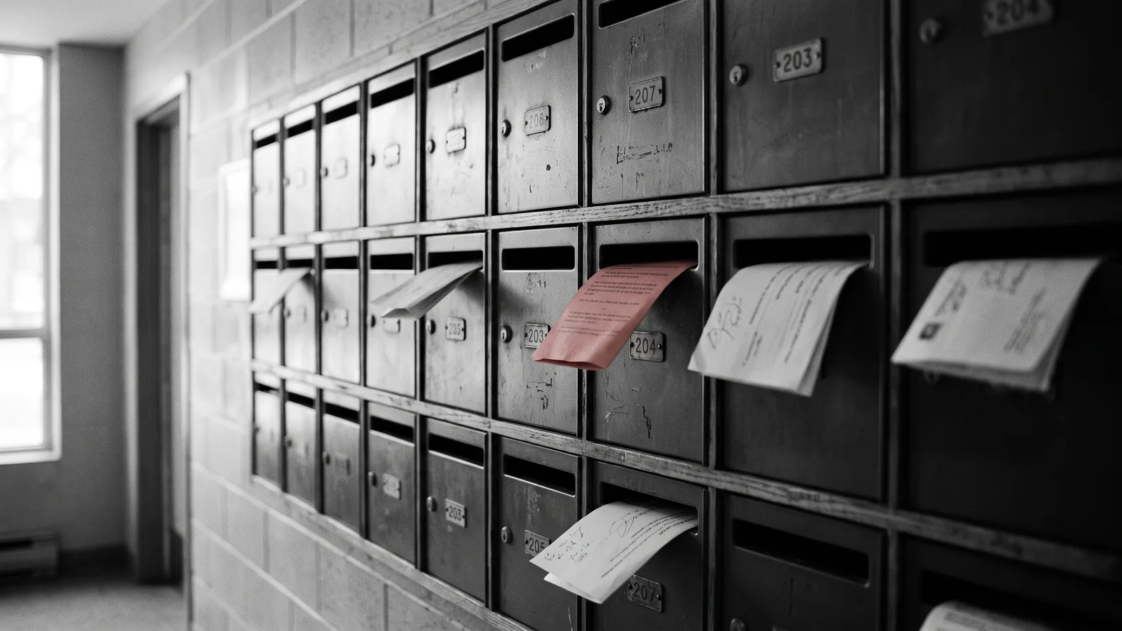 Building mailboxes with notices, eviction looming in Cote-des-Neiges
