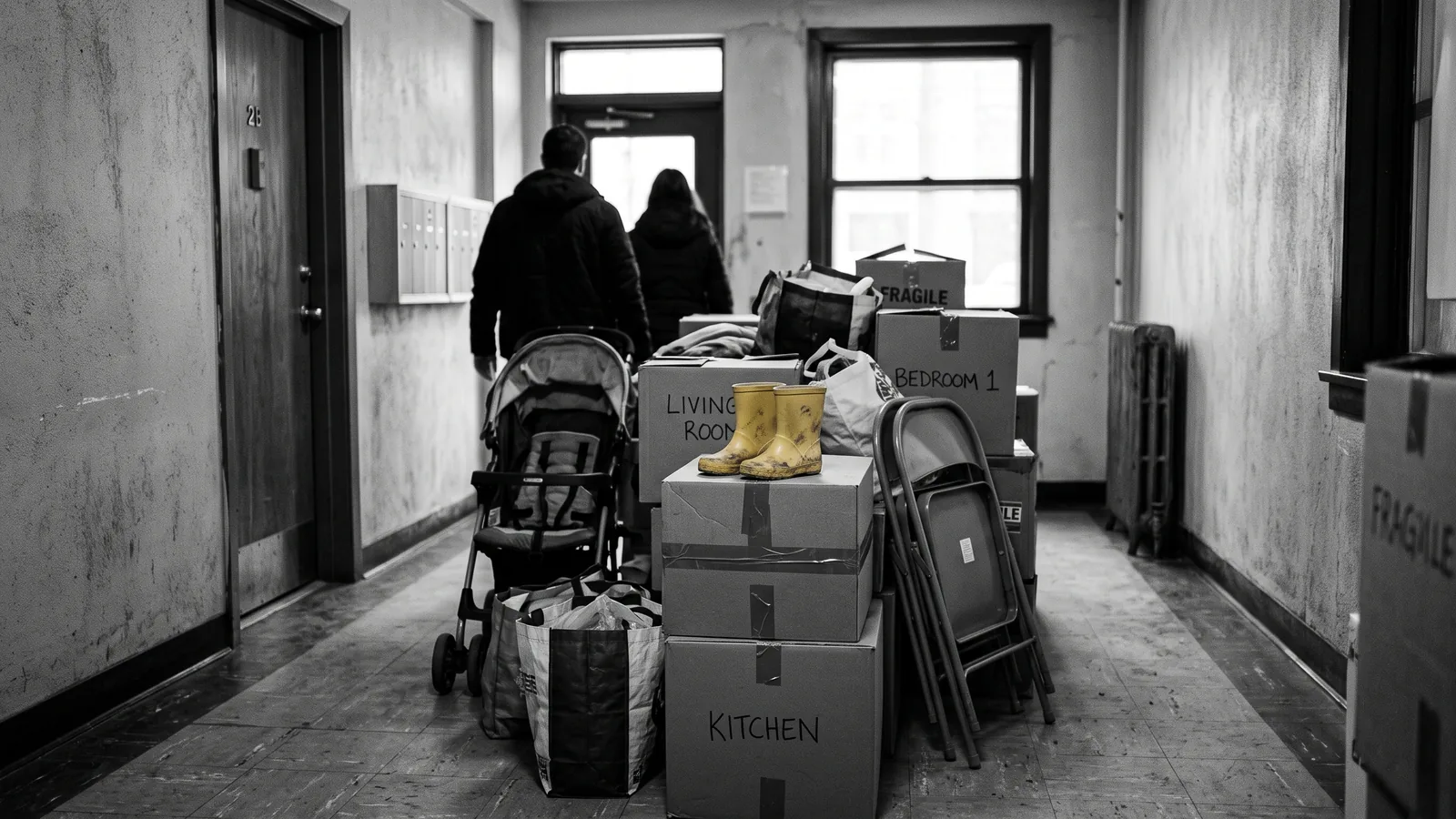 Family belongings in a lobby, households facing eviction in Cote-des-Neiges