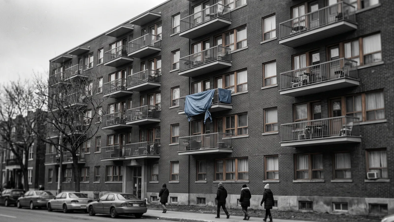 Moving boxes outside a large brick building, households facing eviction in Côte-des-Neiges.