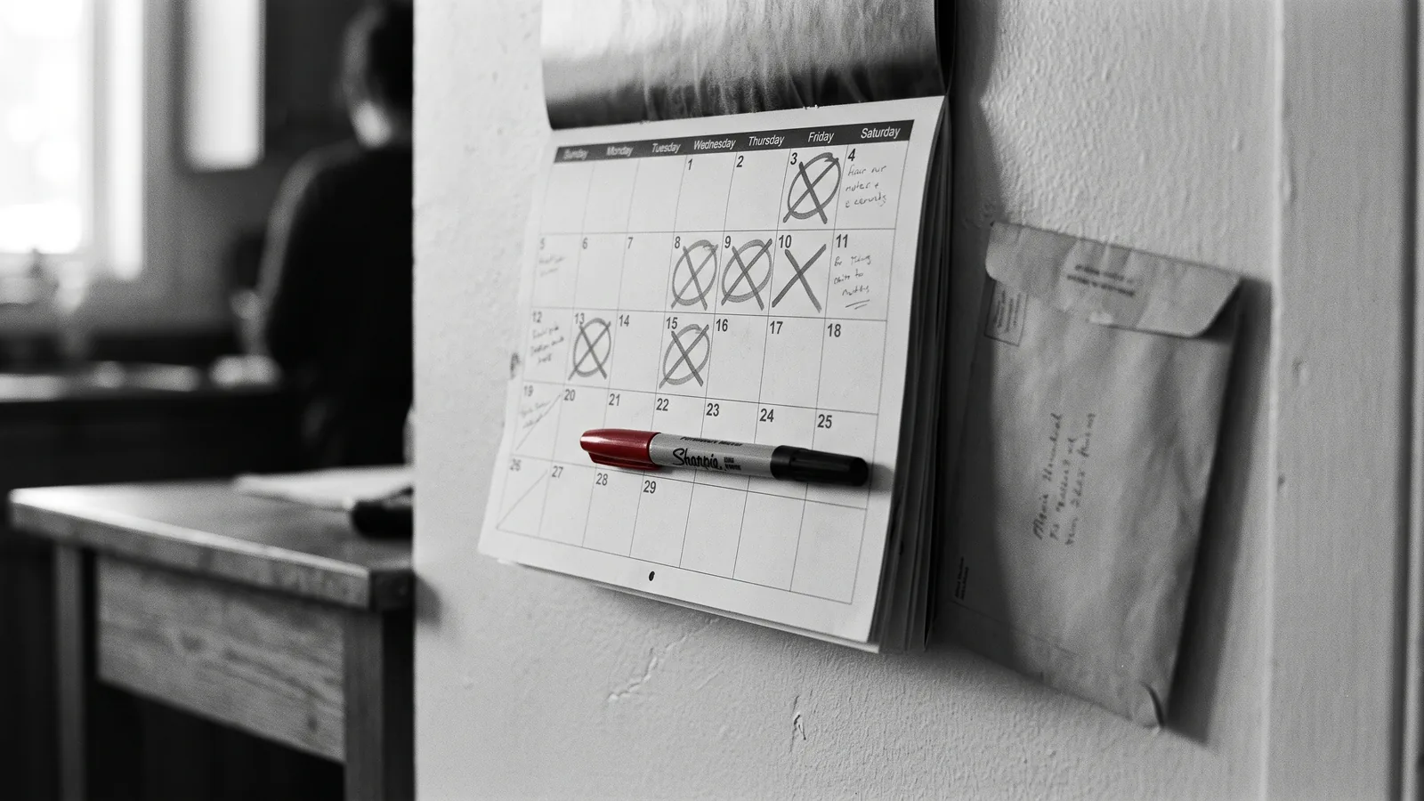 Calendrier mural avec dates entourees, delais d'un avis de reprise de logement