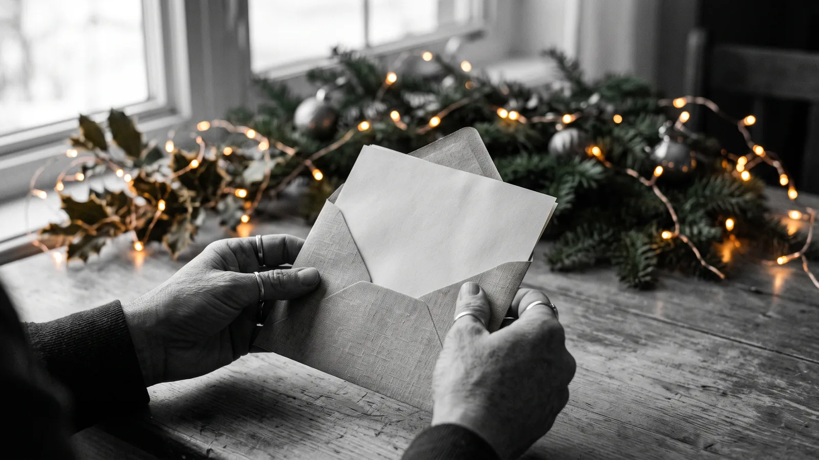Hands opening a letter by holiday lights, a holiday eviction