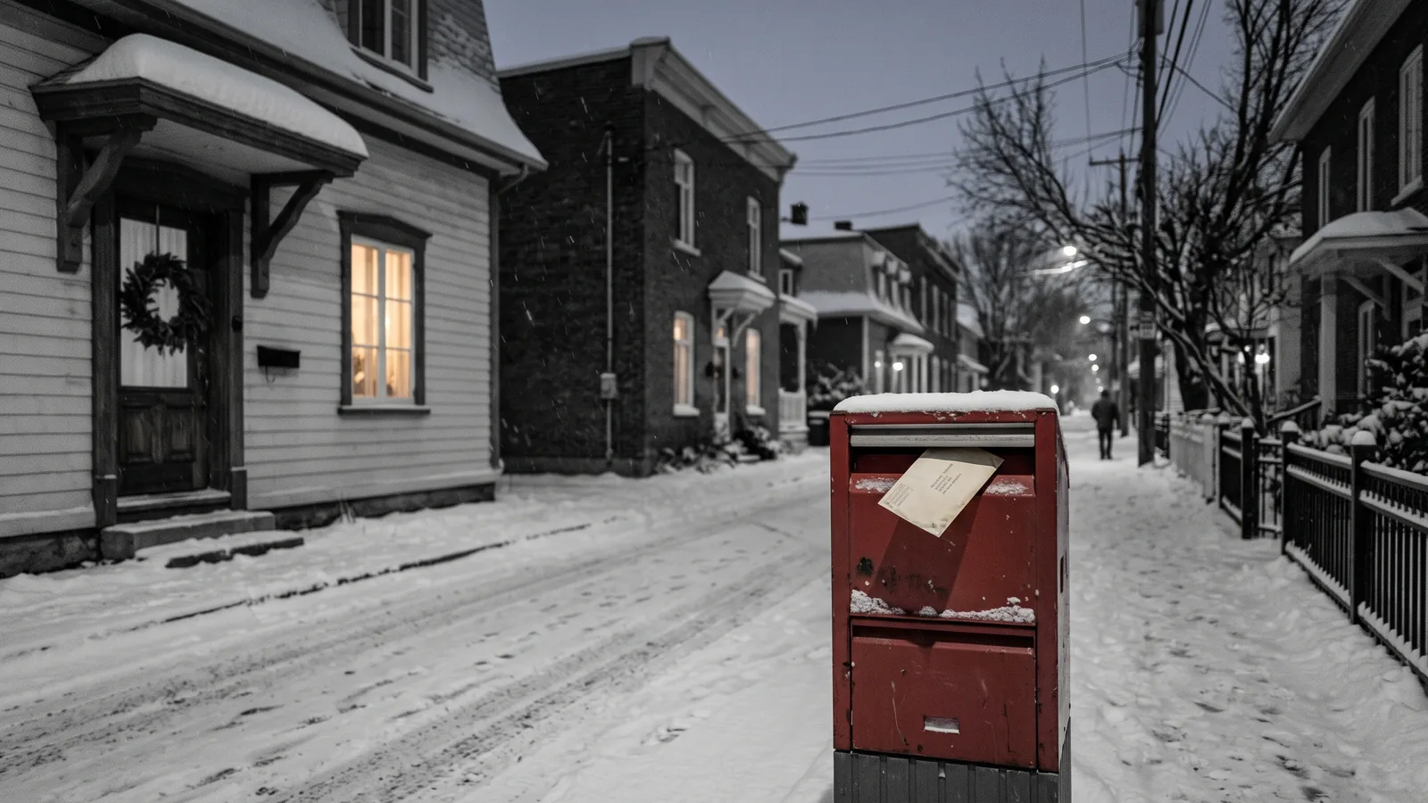 Gloved hand pulling an envelope from a snowy mailbox, illustrating evictions during the holiday season
