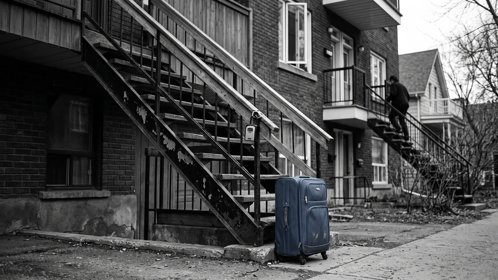 Suitcase outside a furnished plex, evicting a tenant for an Airbnb