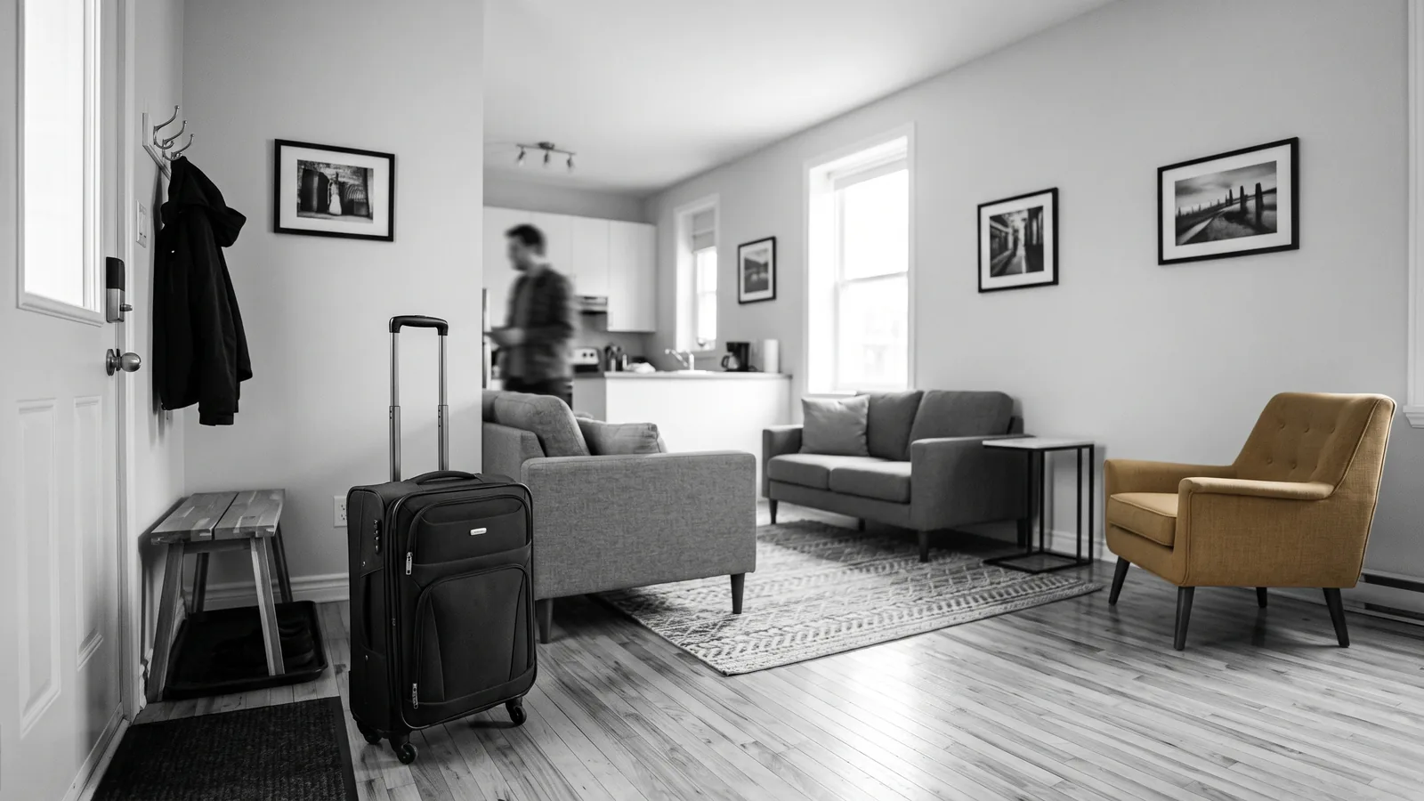 Keypad lockbox and suitcase at an apartment door, illustrating eviction of a tenant for an illegal Airbnb