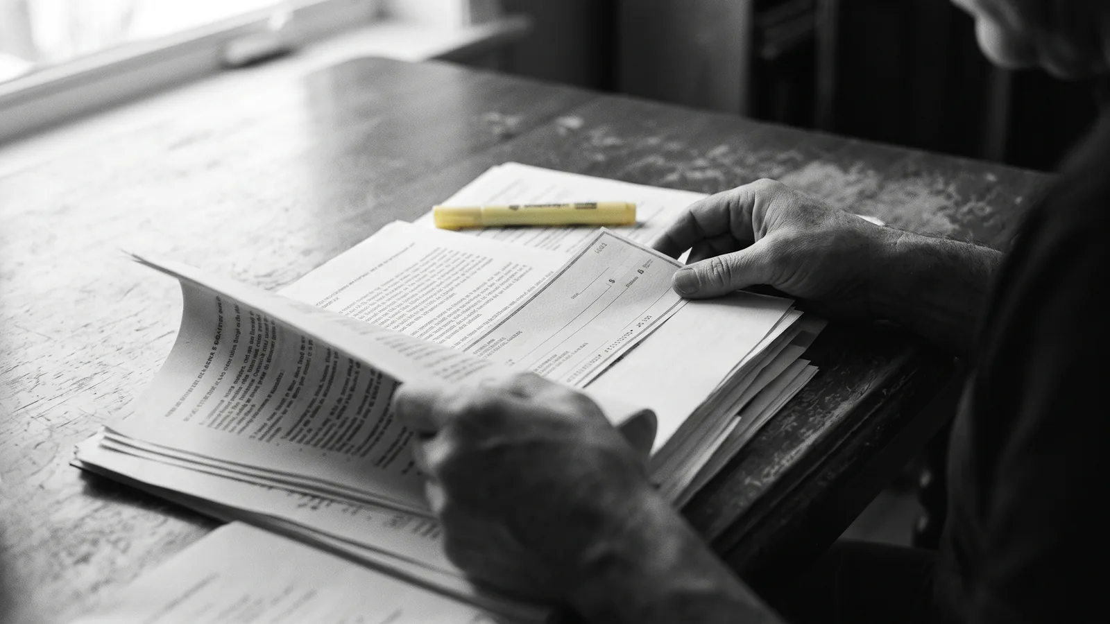 Hands leafing through documents and a compensation cheque for harassment and renoviction
