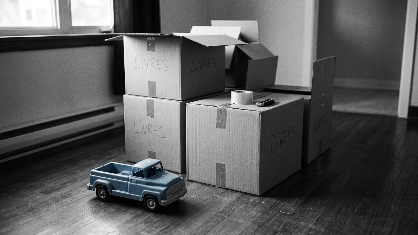 Empty living room and belongings boxed up after one of many evictions in Quebec