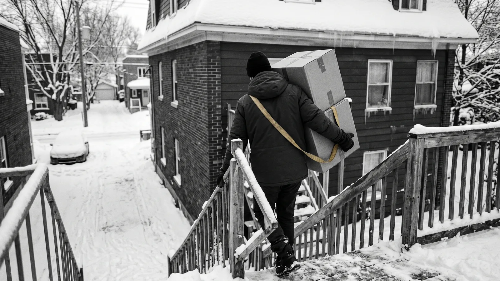 Person carrying boxes down a snowy staircase, rising evictions in Quebec