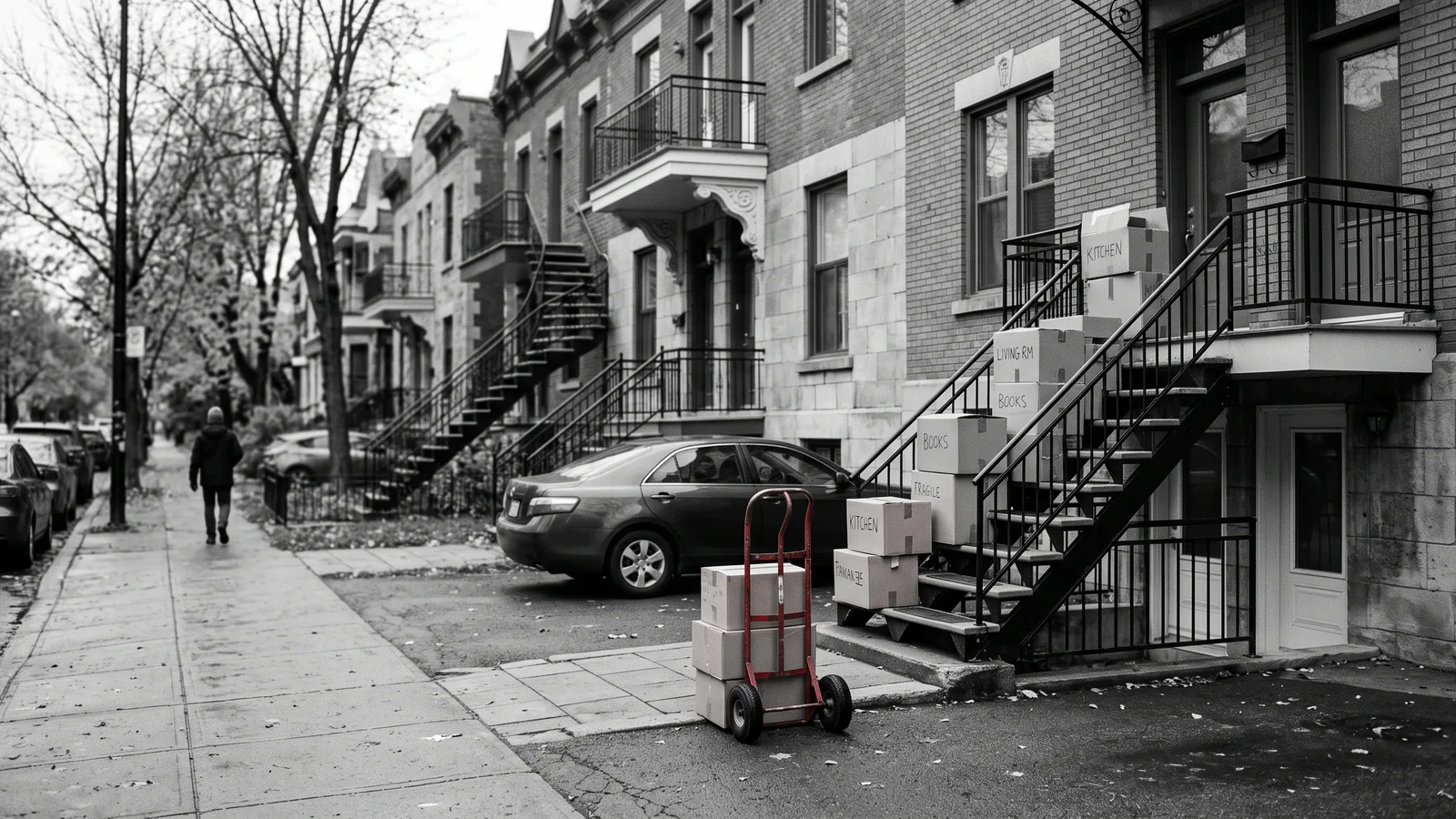 Brick triplex street with moving boxes outside several doors — sharp rise in evictions
