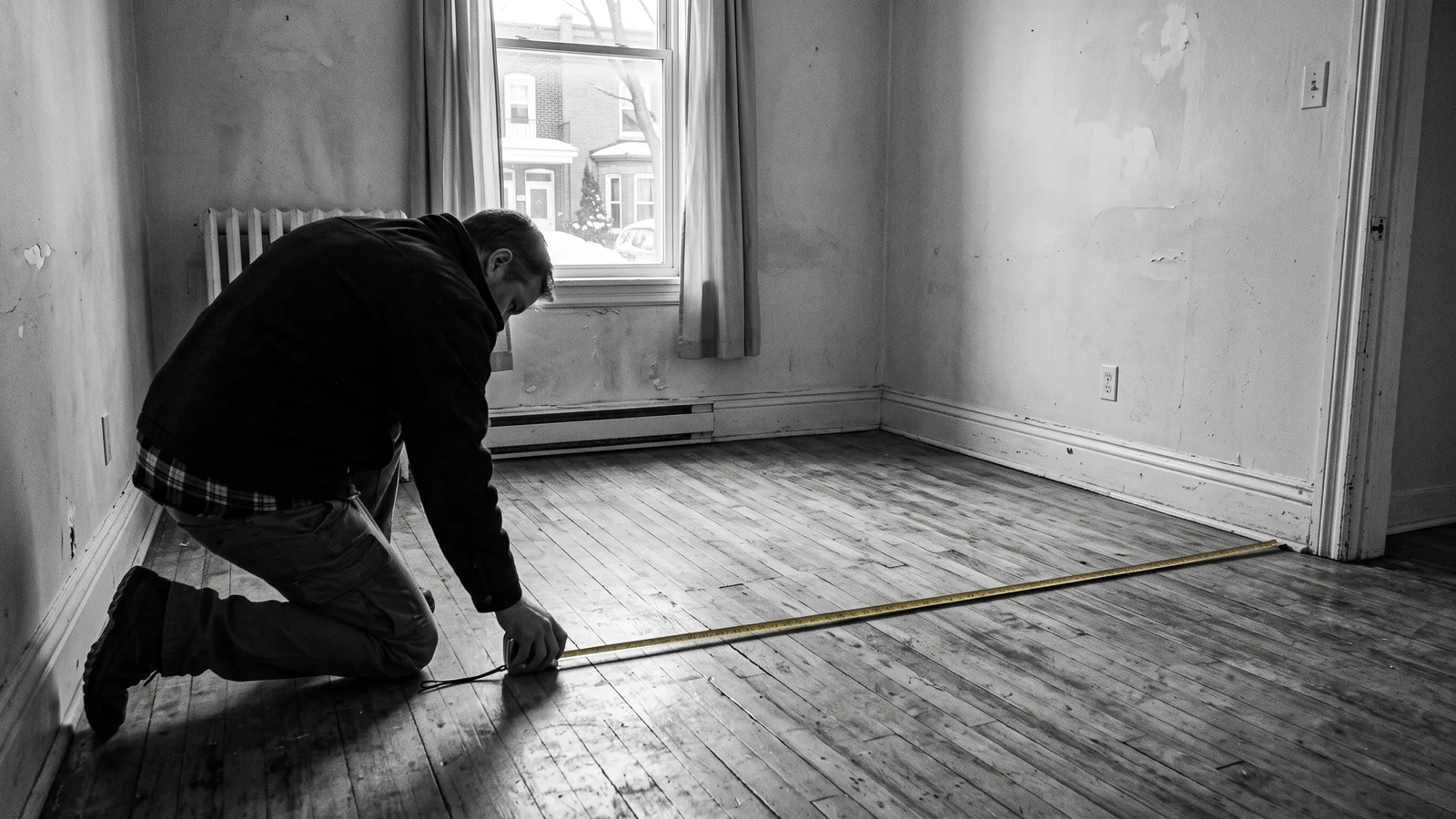 Propriétaire mesurant un logement vide au ruban, hausse de loyer abusive au Québec