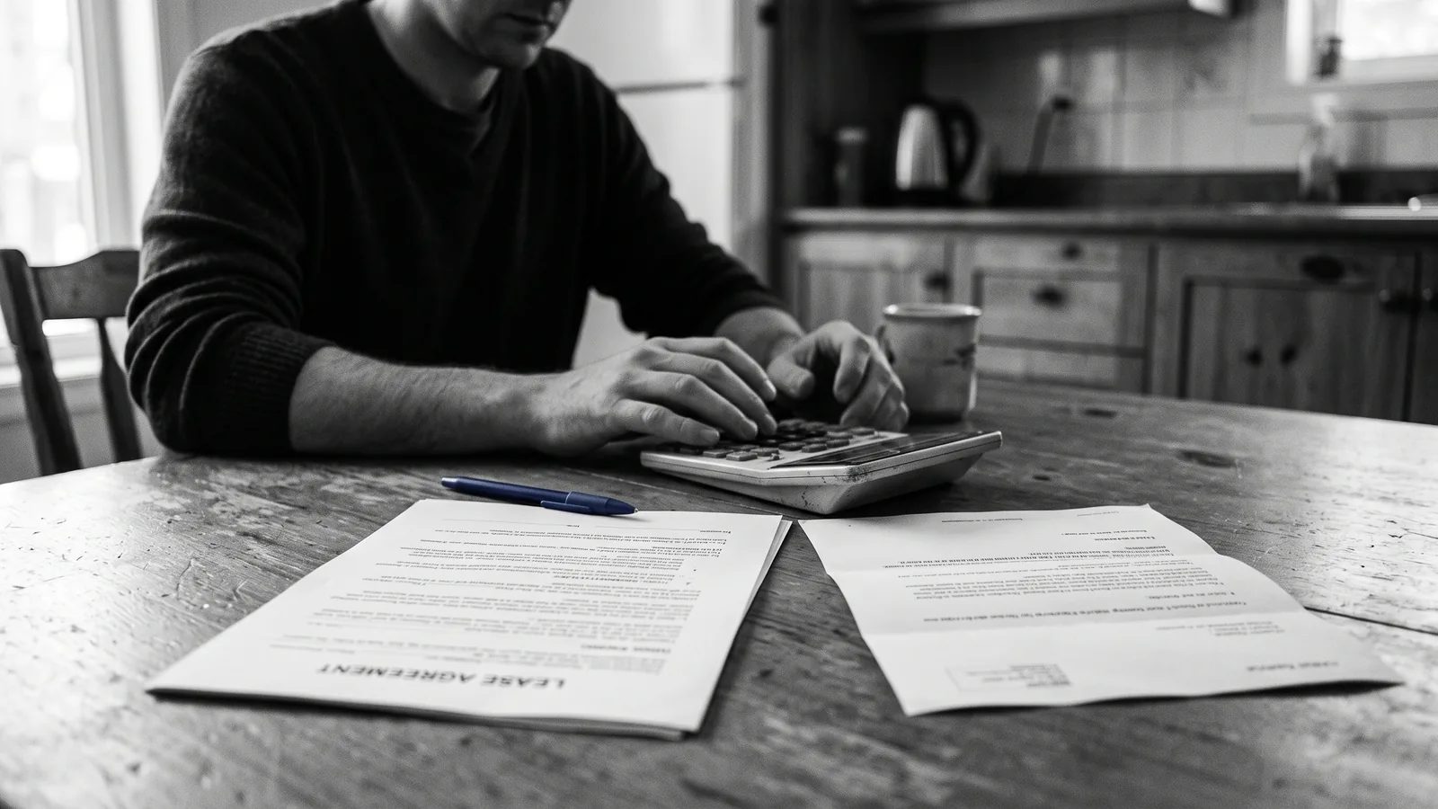 Mains à la table avec calculatrice et avis de hausse — hausse de loyer abusive pour évincer un locataire
