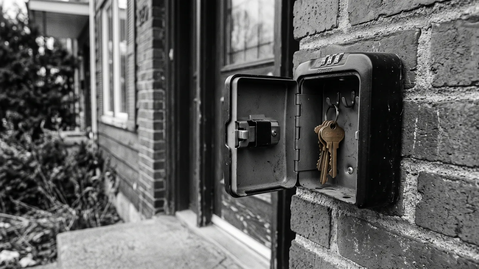 Keys in a wall lockbox at a plex entrance, illegal tourist lodging in Quebec
