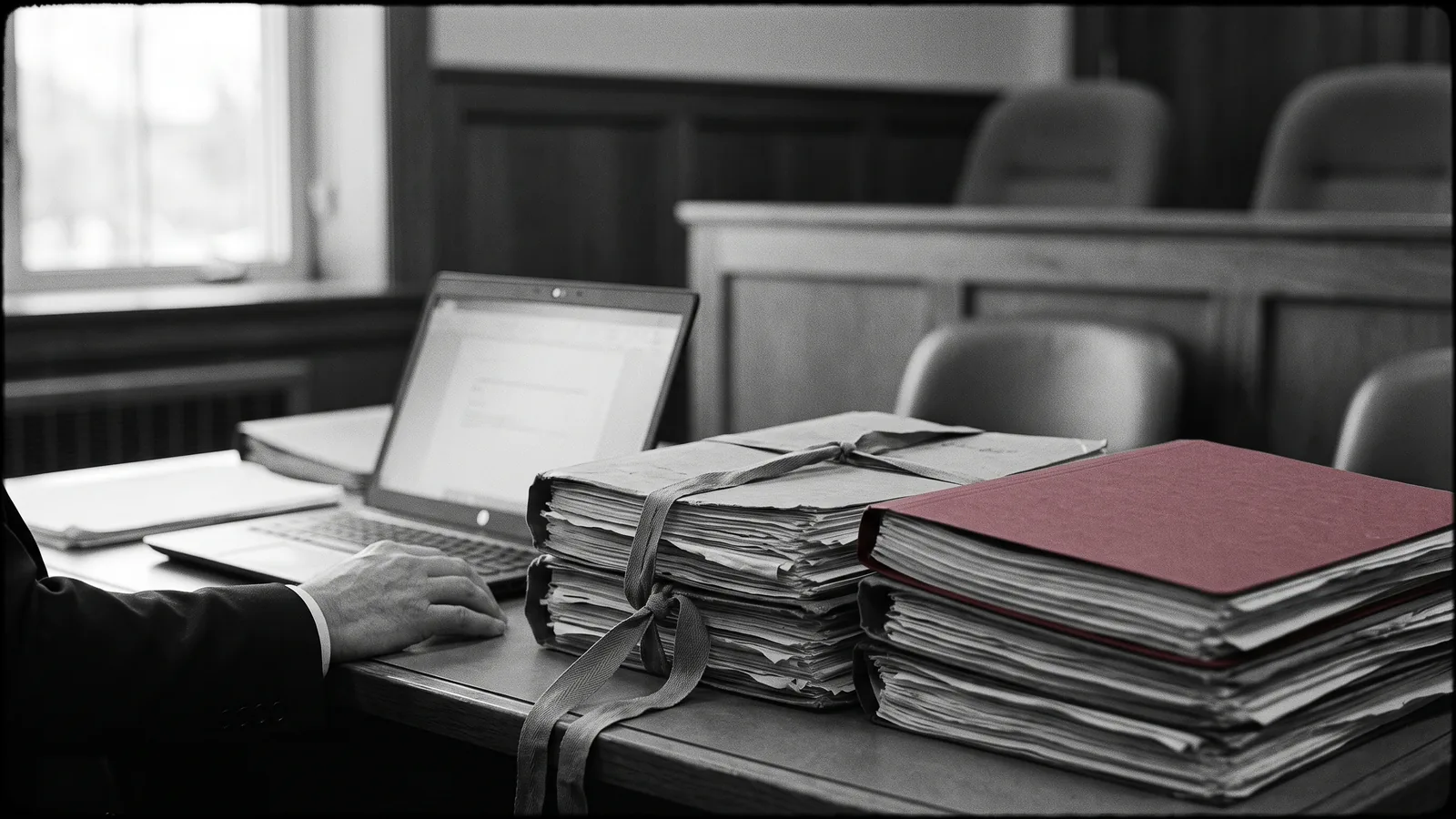Case files on a courtroom desk, case law on illegal tourist lodging in Quebec