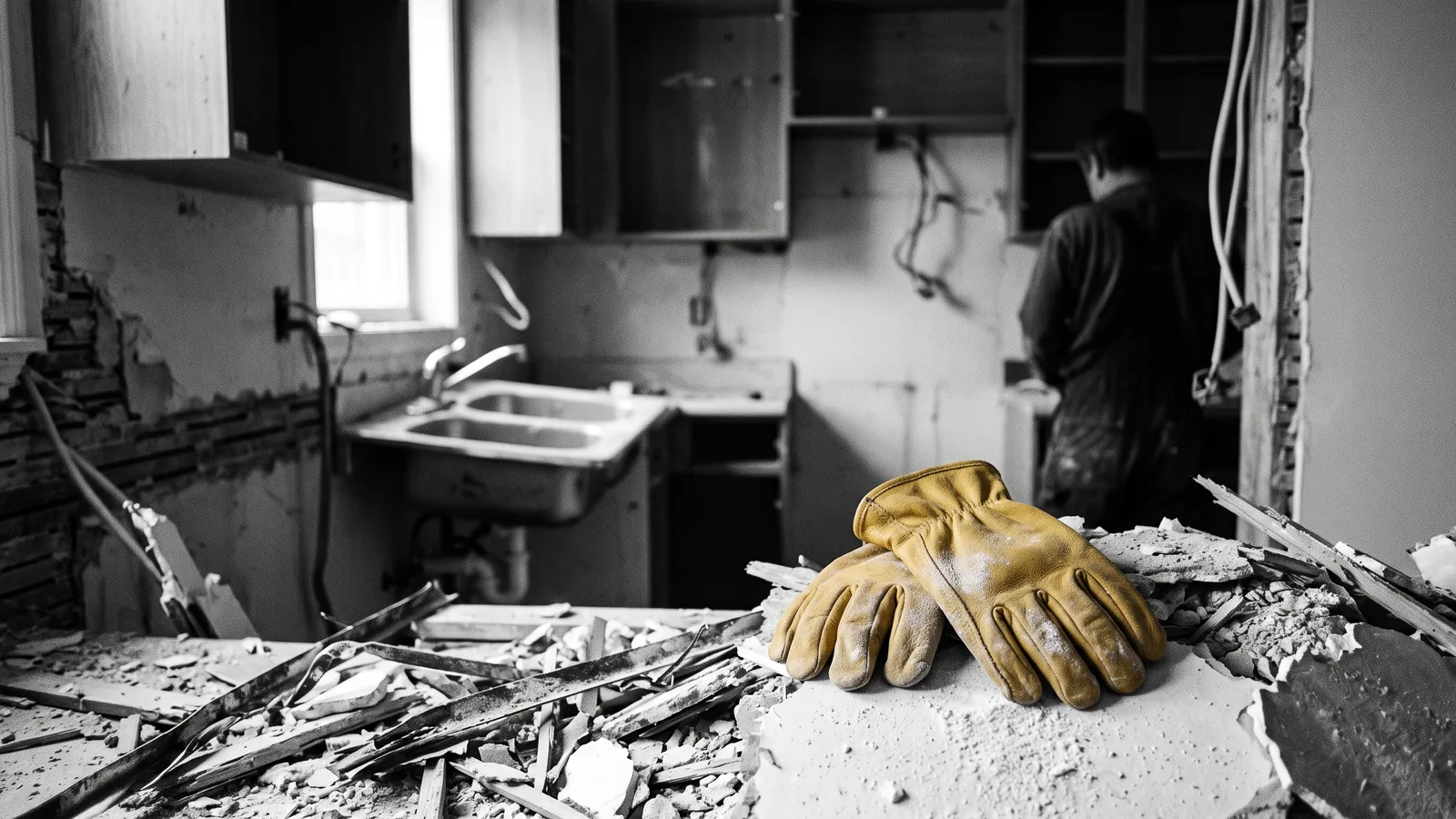 Torn-out kitchen and debris illustrating a condemned renoviction in Quebec