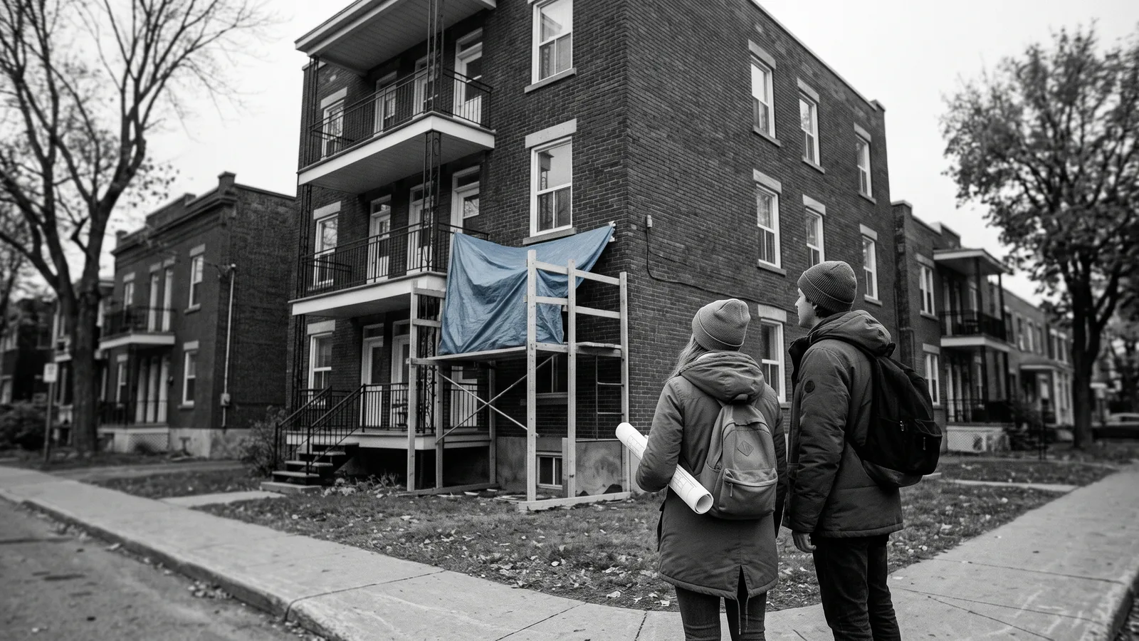 Two young people seen from behind facing a duplex under renovation — investors condemned for renoviction