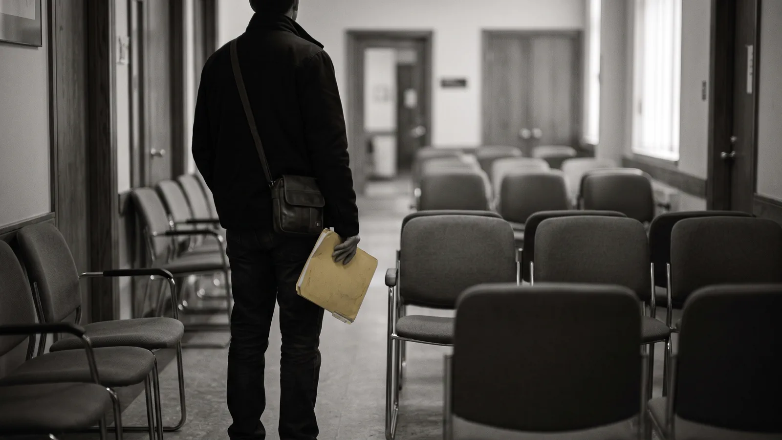Sober tribunal waiting room, file in hand, case of a tenant who doesn't pay in Quebec