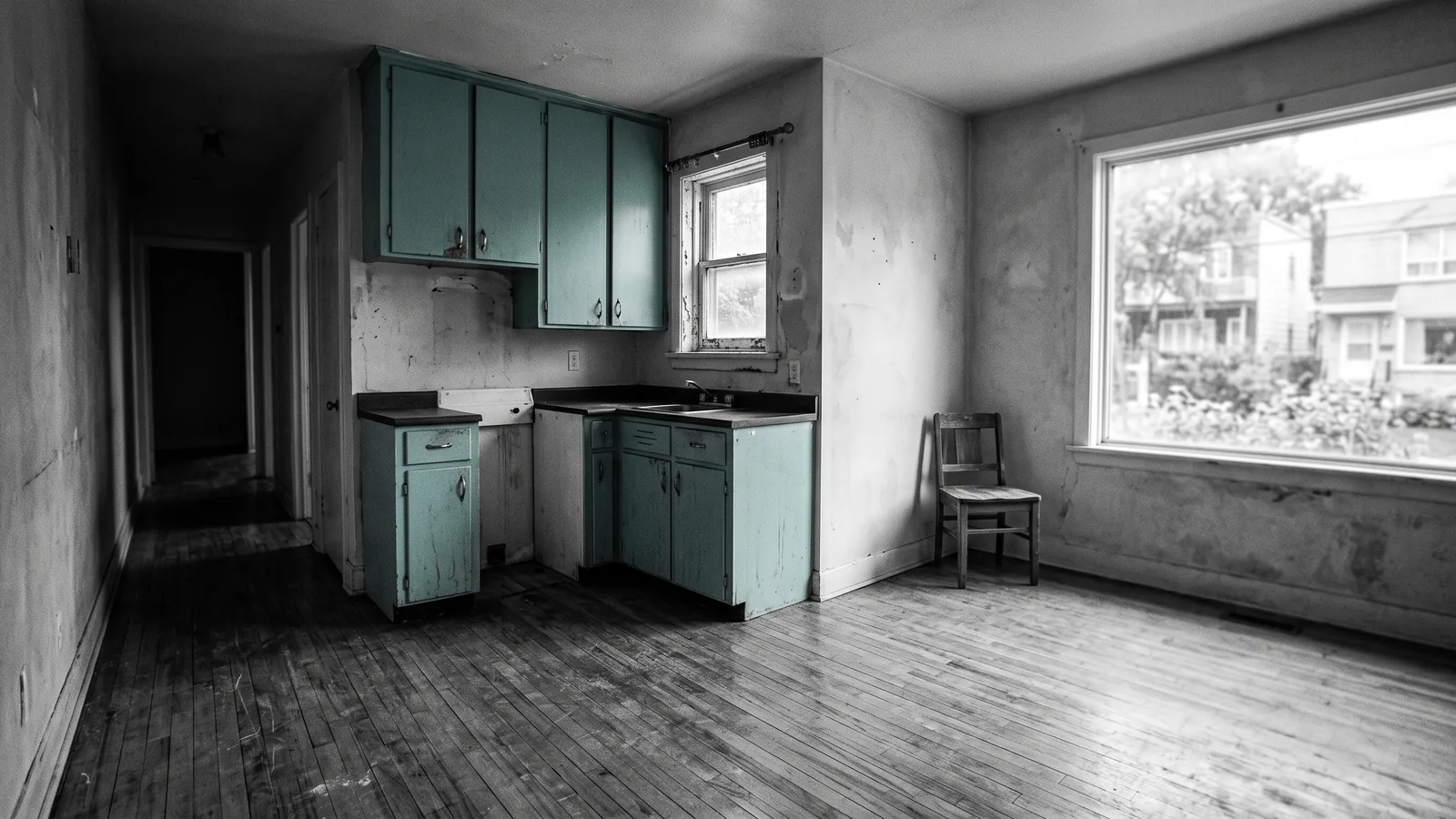 Logement modeste vacant à faible loyer, la valeur d'immeuble en jeu, armoire turquoise défraîchie