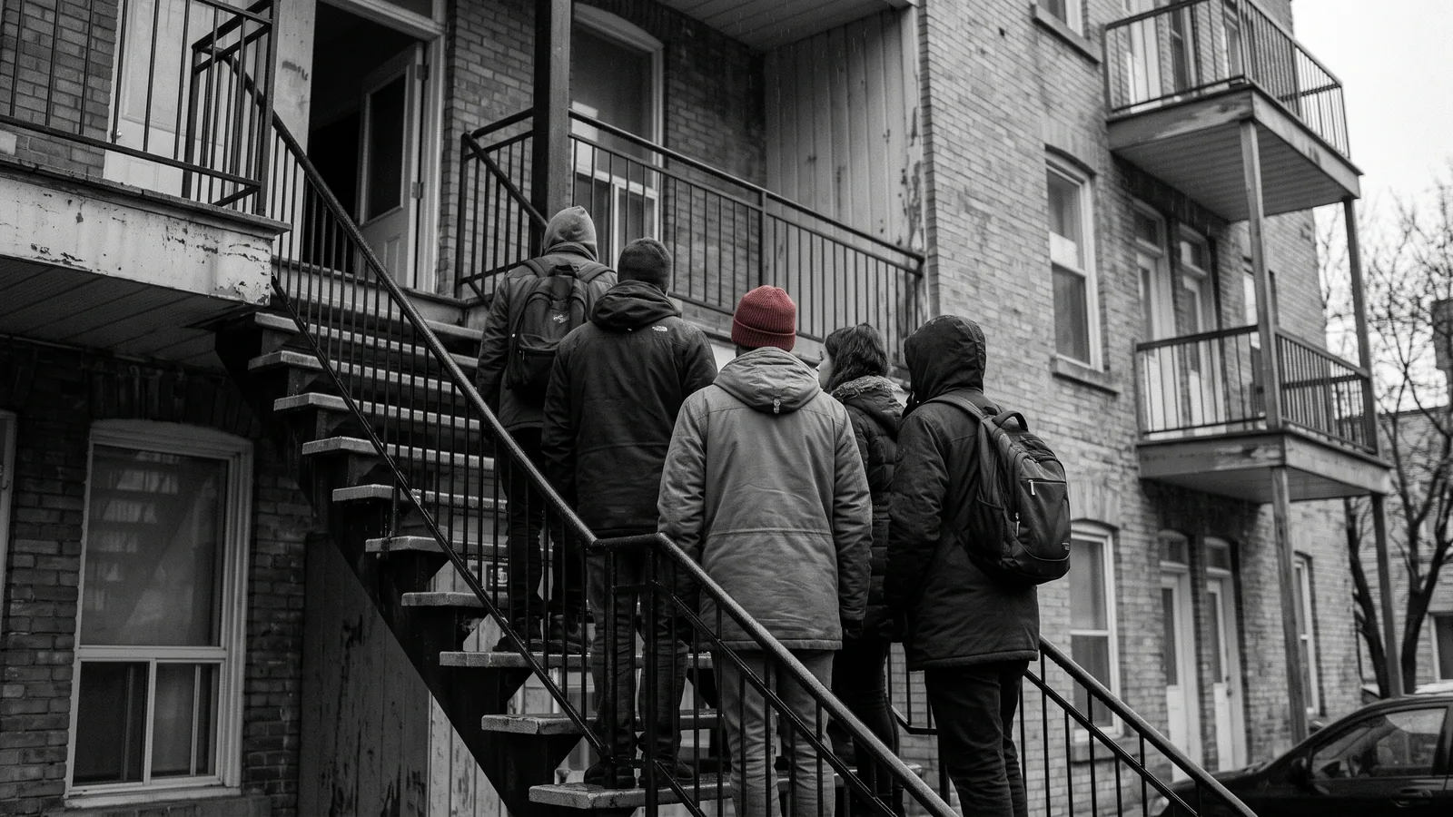 Tenants from behind united on the stairs against renoviction, red knit tuque