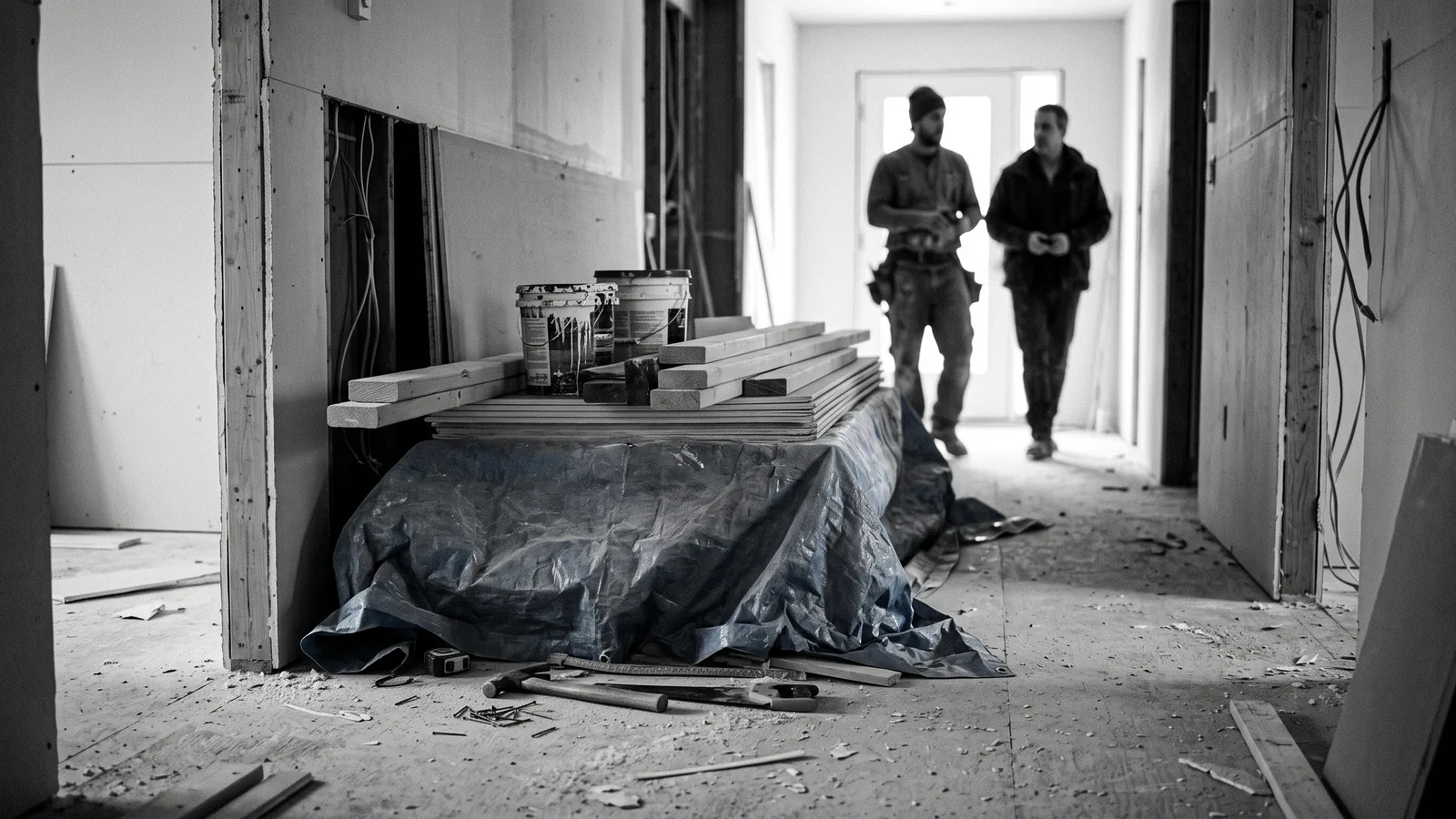 Hallway with materials under a blue tarp, renoviction work stopped