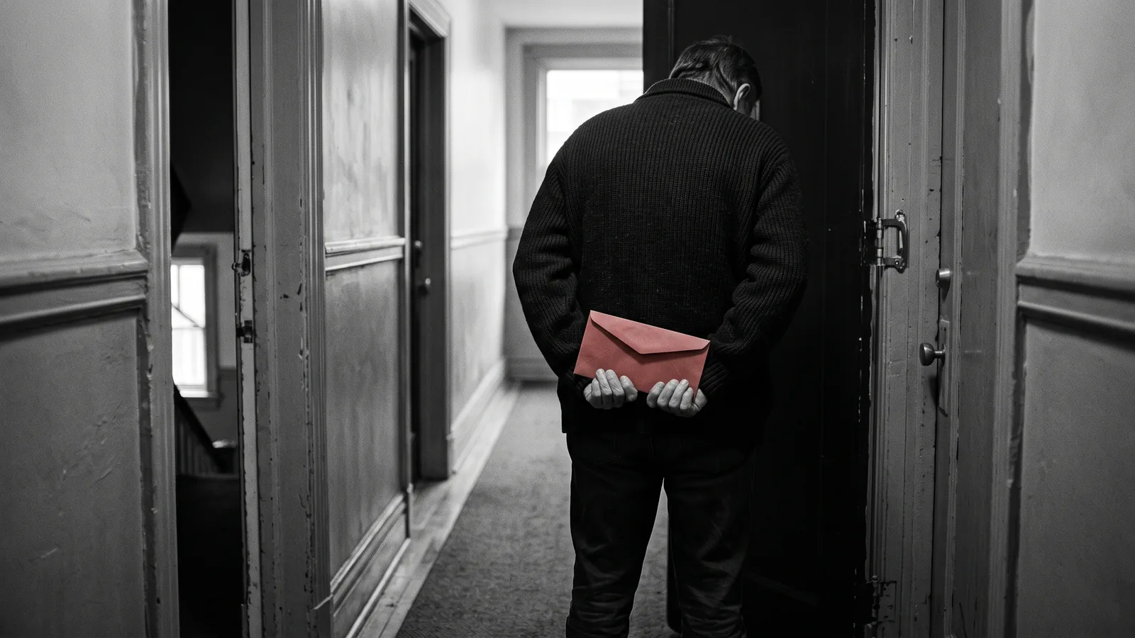 Locataire tenant un avis à sa porte, illustrant la menace de reprise de logement par le propriétaire