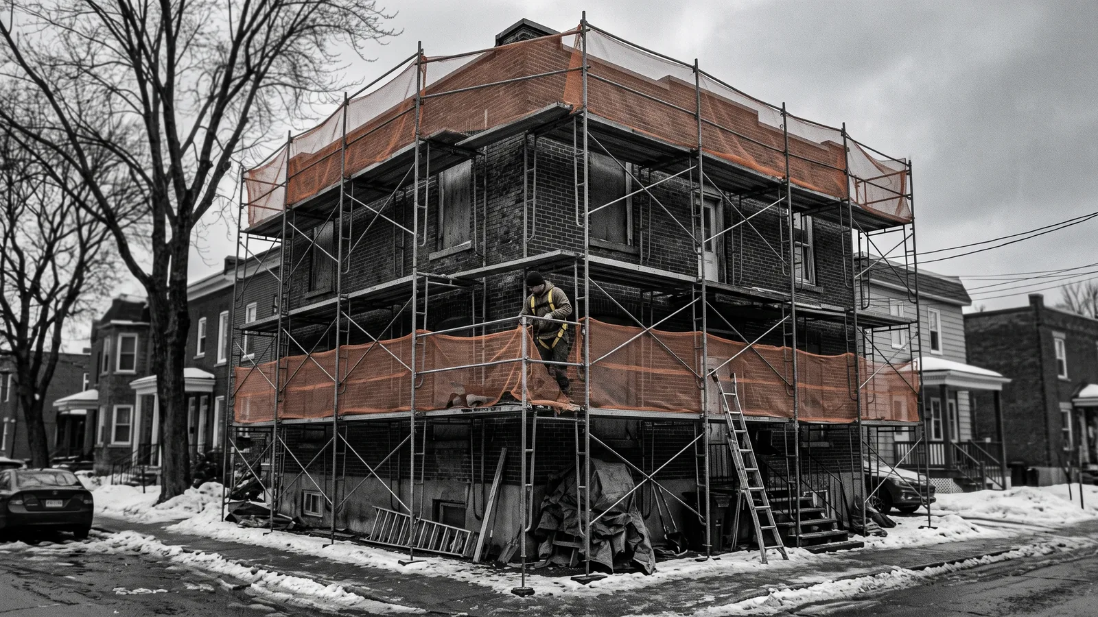 Plex en rénovation sous échafaudage, encadré par la loi rénoviction, filet orange