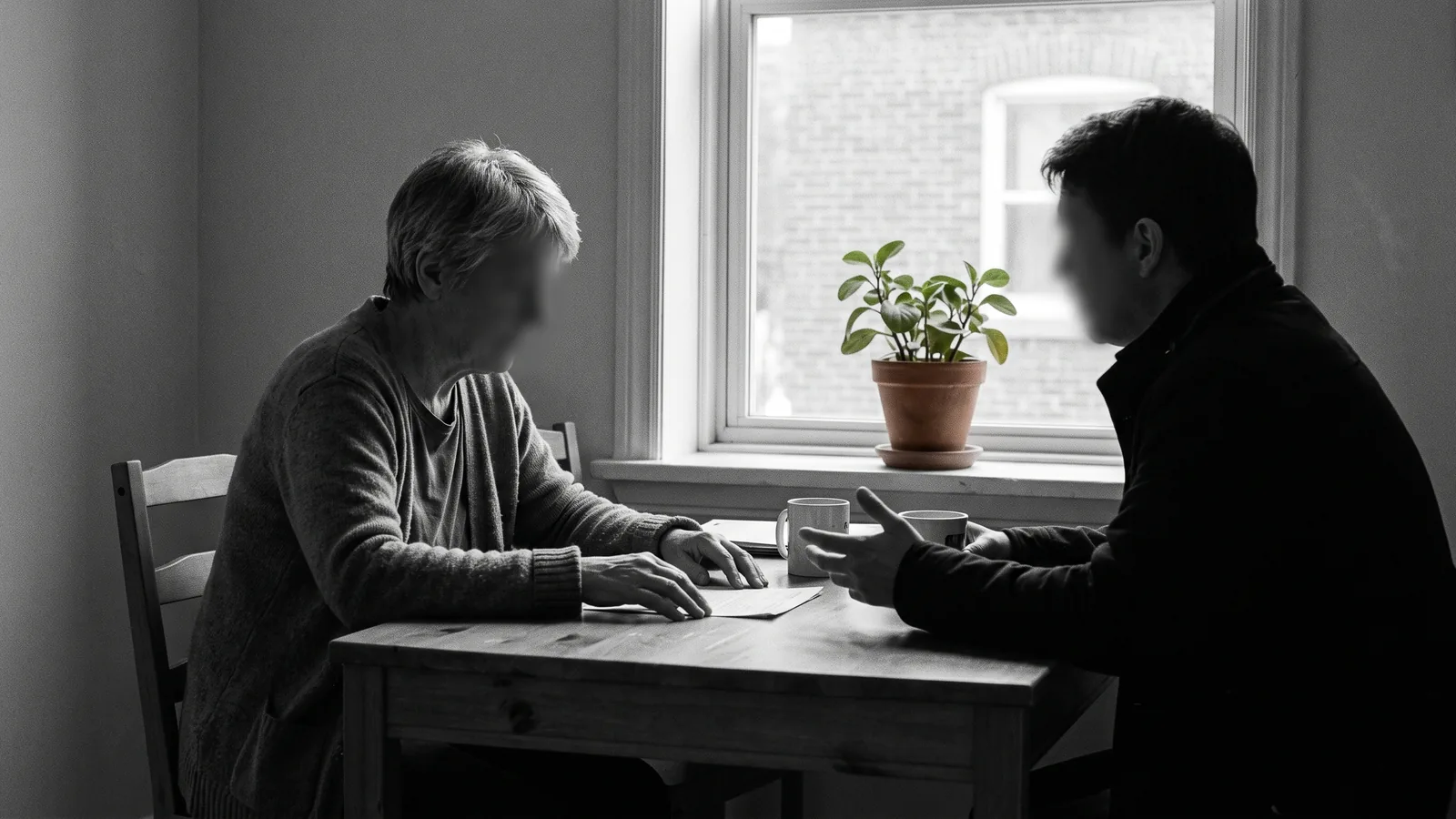 Proprio et locataire discutant sous la loi rénoviction, plante verte à la fenêtre