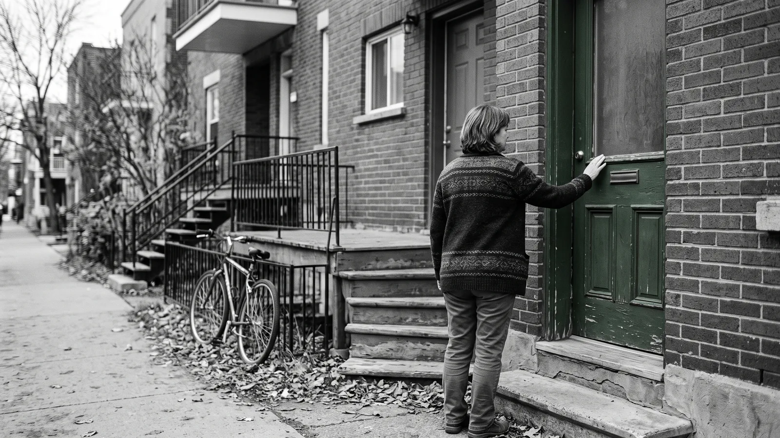 Proche devant le logement d'une reprise de bonne foi, main sur une porte verte