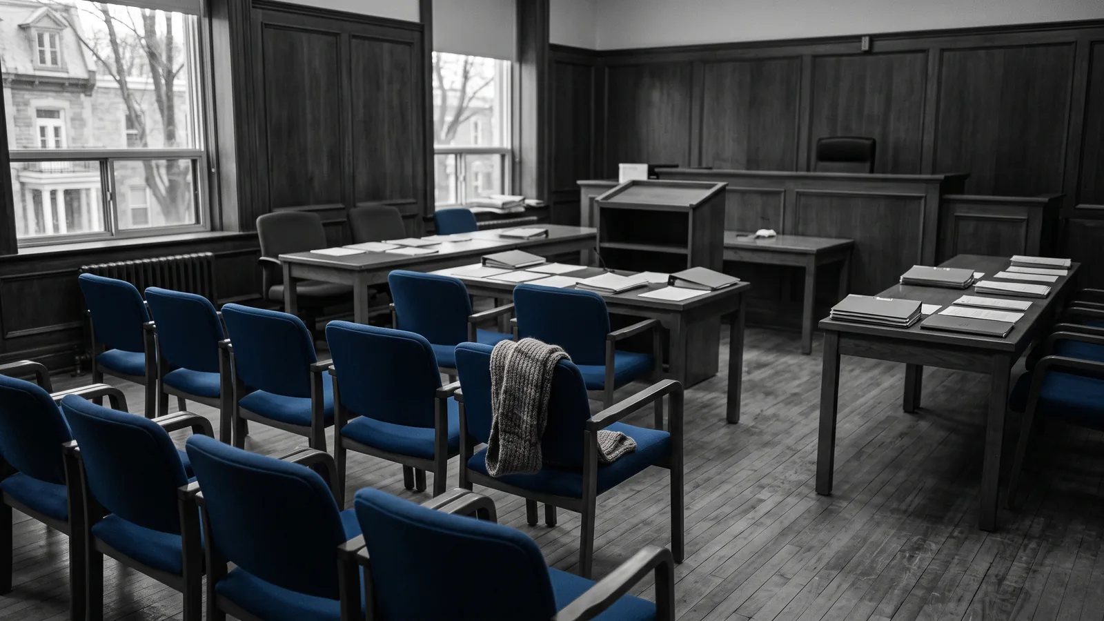 Salle d'audience sobre et dossier de preuves illustrant la bonne foi exigée pour une reprise au TAL