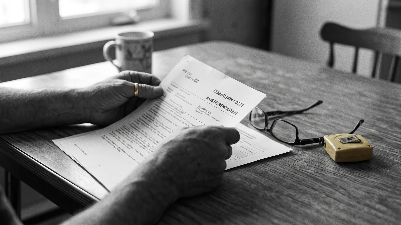 Mains examinant un avis de rénovation de près, signe d'une rénoviction déguisée à surveiller.