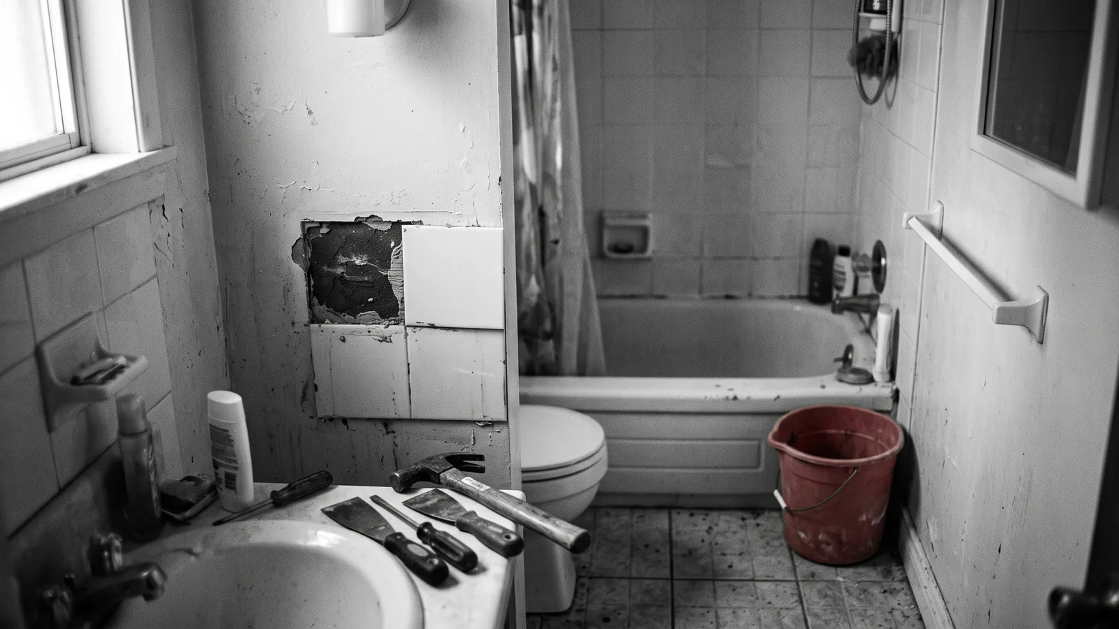 Salle de bain à peine touchée mais mise en scène en gros chantier : tactique de rénoviction déguisée.