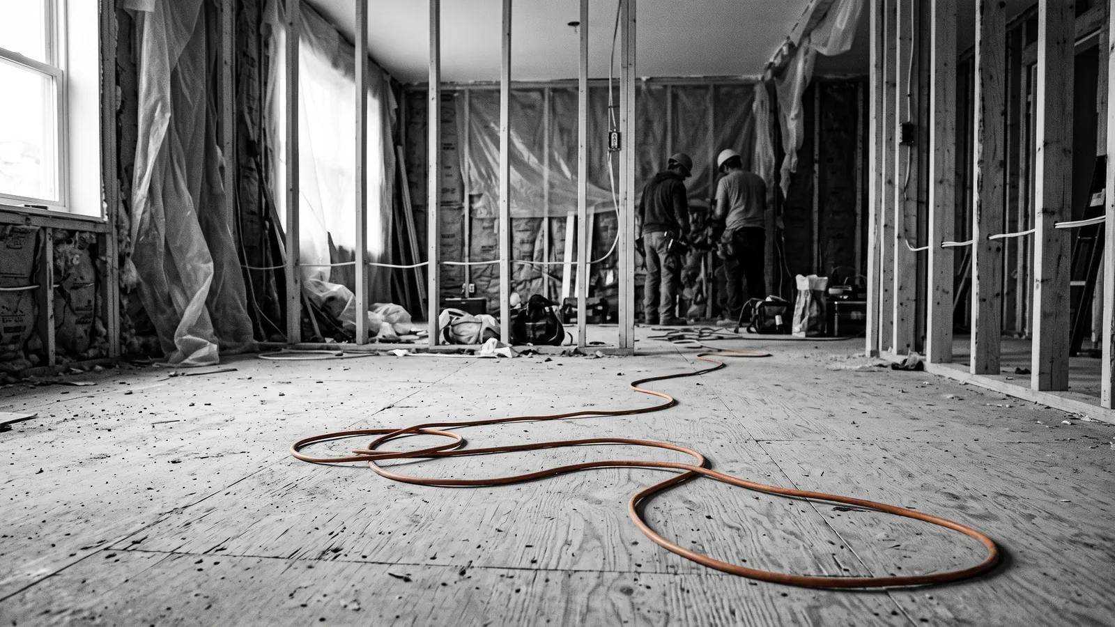 Appartement éventré aux montants exposés, chantier sans permis : rénoviction illégale.