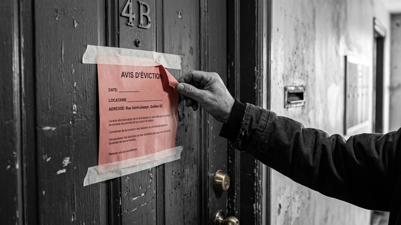 Avis d'éviction collé sur une porte d'appartement, cas de rénoviction illégale.