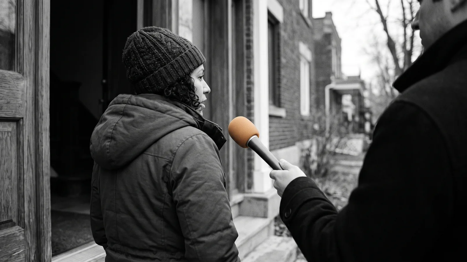 Personne anonyme interviewée au micro sur un perron : la rénoviction couverte par les médias.