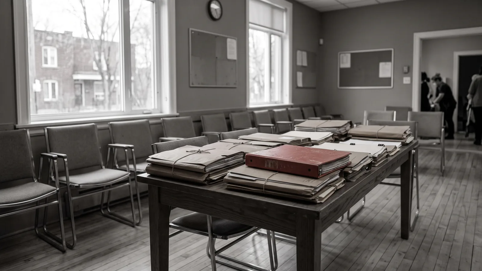 A sober hearing room with stacked case files, renovictions, repossessions and your rights.