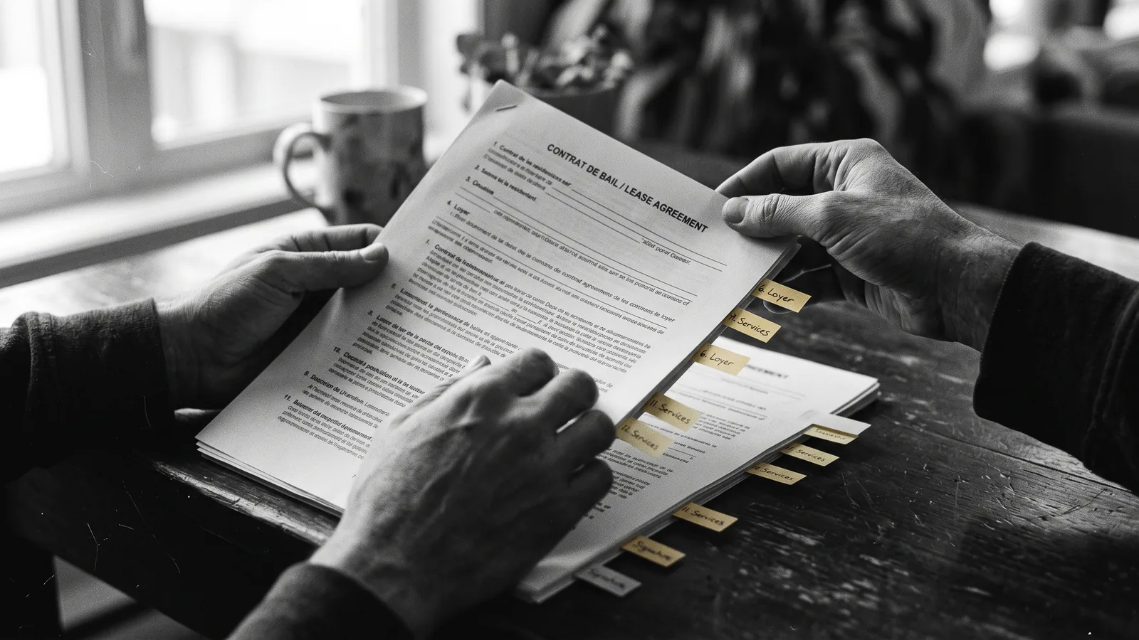 Hands leafing through a lease with tabs, renovictions and repossessions, know your rights.