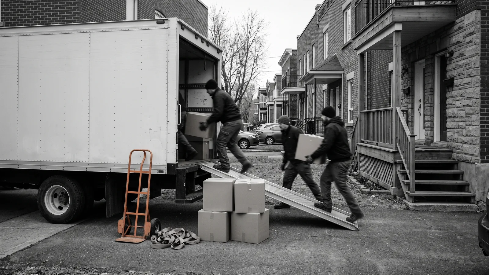 A moving truck at a duplex with new occupants arriving, a bad-faith repossession.