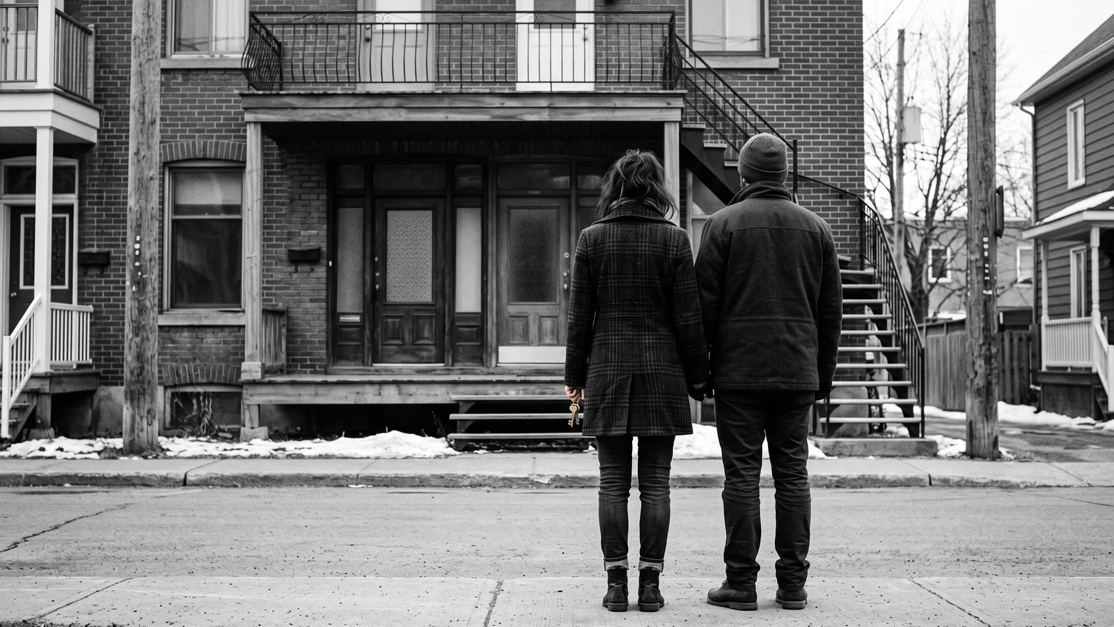 Personne sur le seuil d'un duplex de brique avec un dossier : reprise de logement au Québec
