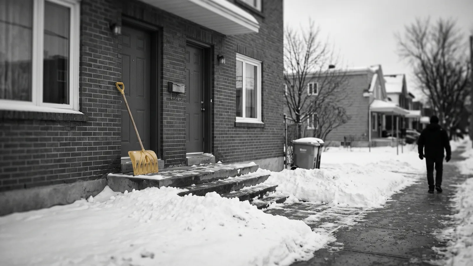 A snow-covered brick duplex with a shovel by the steps, illegal repossession in the Bleier case.