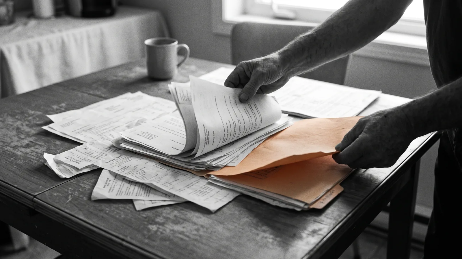 Hands leafing through illegal repossession tribunal documents on a table