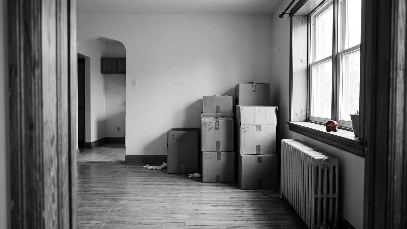 Emptied apartment after an illegal repossession, boxes and red tape