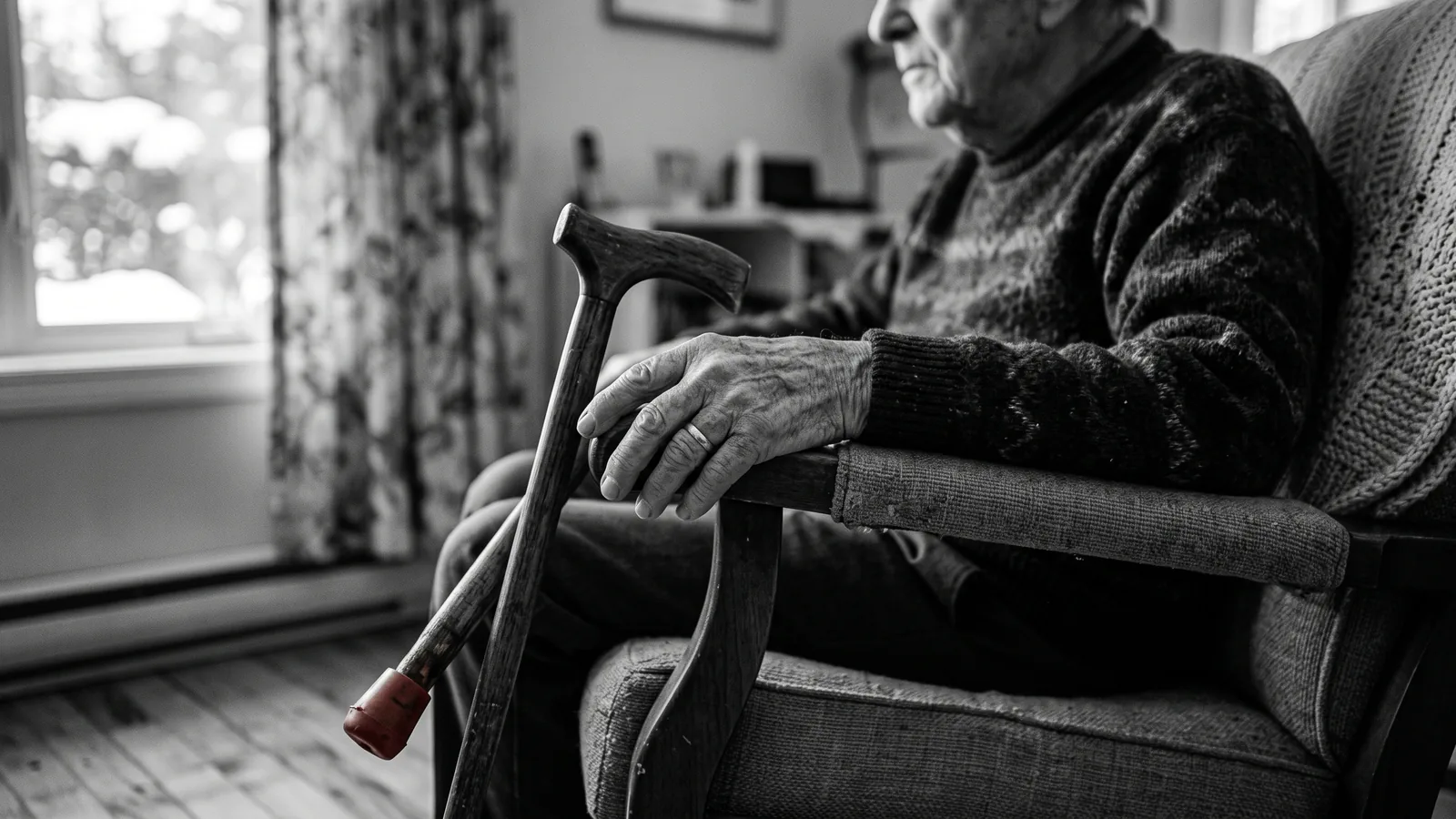 Mains d'aînée et canne, reprise de logement d'une personne âgée et ses protections