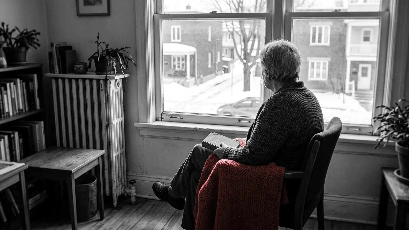 Locataire âgée de dos près d'une fenêtre, thème de la reprise de logement d'une personne âgée