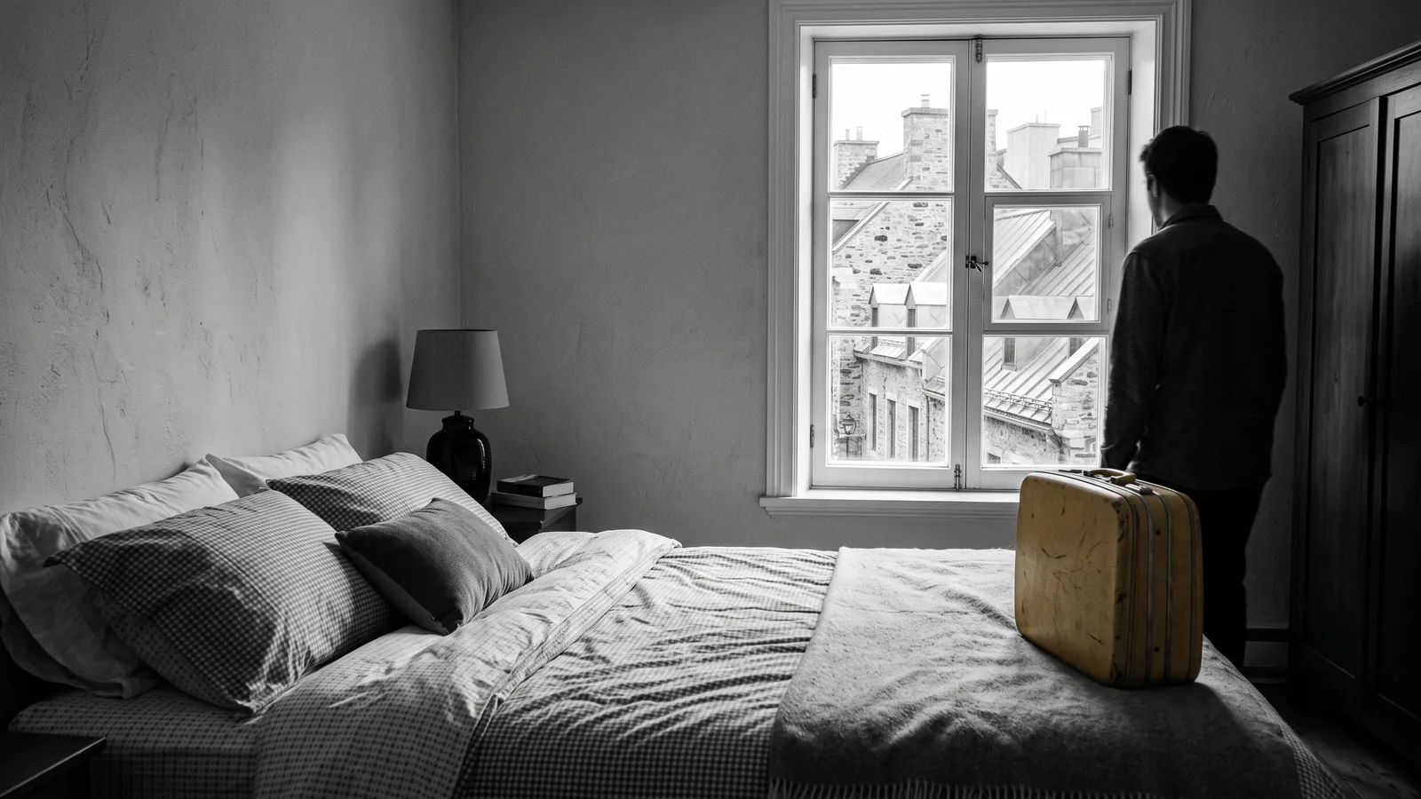 Furnished unit and suitcase, freeze on new Airbnb in Old Quebec