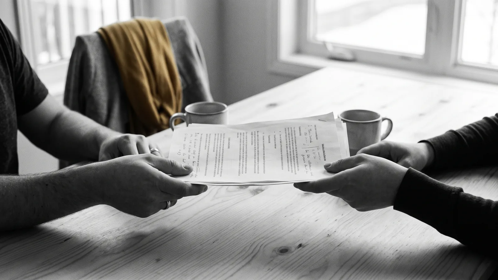 Deux collègues partageant des documents à une table claire, écharpe jaune sur la chaise — approche humaine et rigoureuse.