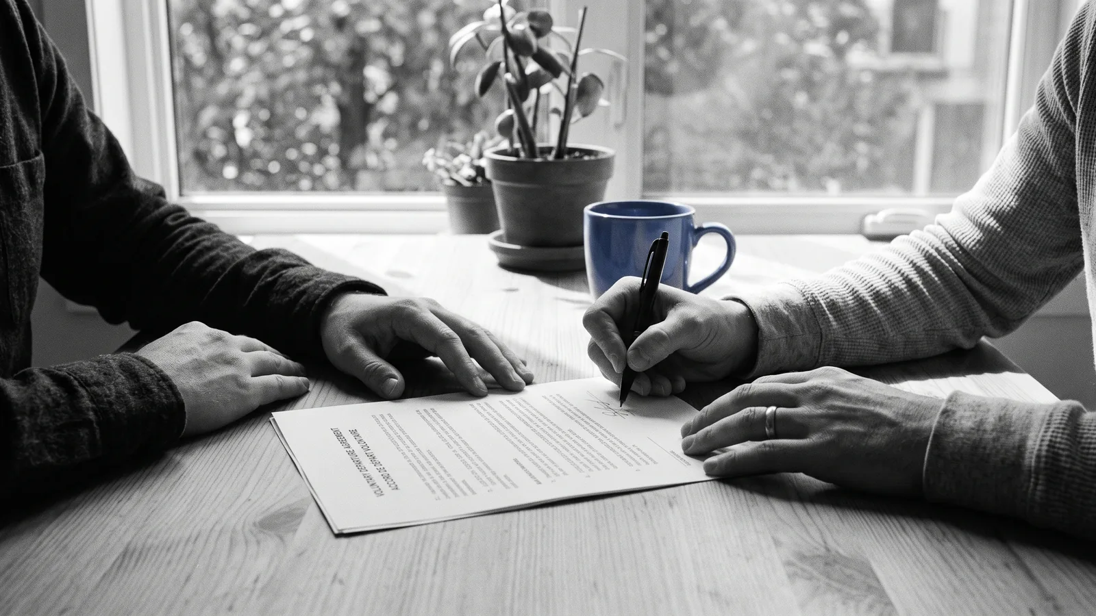 Mains détendues signant une entente de départ volontaire à une table ensoleillée, tasse bleue à côté — Cash for Keys.