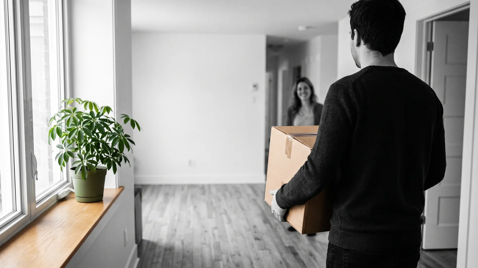 Locataire de dos portant une boîte dans un salon lumineux, plante verte à la fenêtre — départ serein Cash for Keys.
